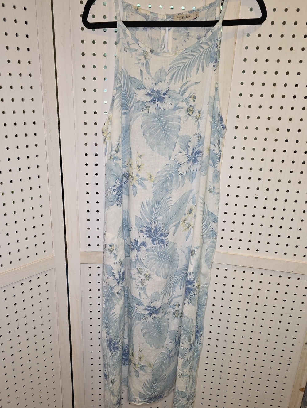Lungo L'Arno 100% Linen Sleeveless Light Blue Floral Maxi Dress Tropical Small